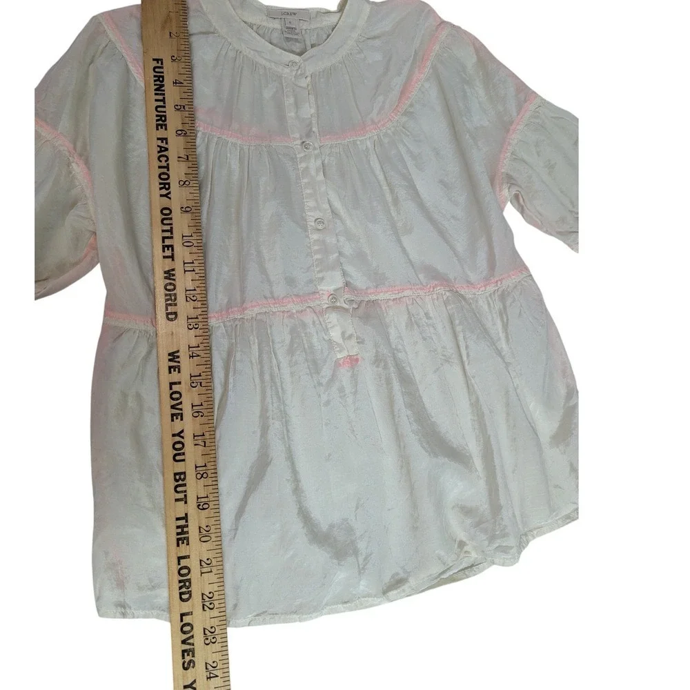 J. Crew Ivory Silk Cotton Babydoll Blouse Pink Trim Puff Sleeve Sz 0